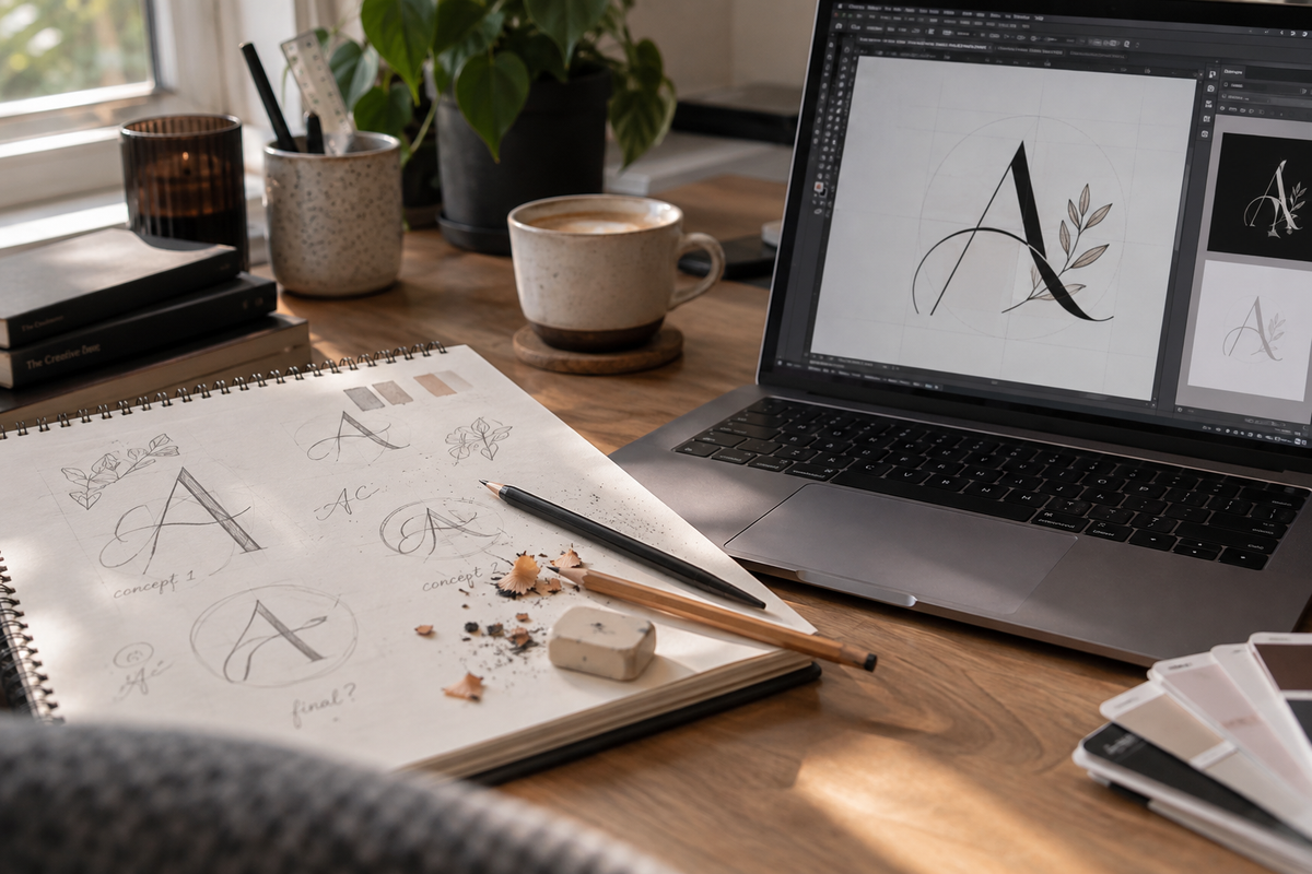 Logo ontwerp op maat, schetsen en vectorontwerp op het bureau