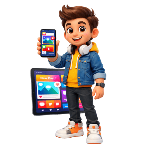 3D cartoon jongen met telefoon
