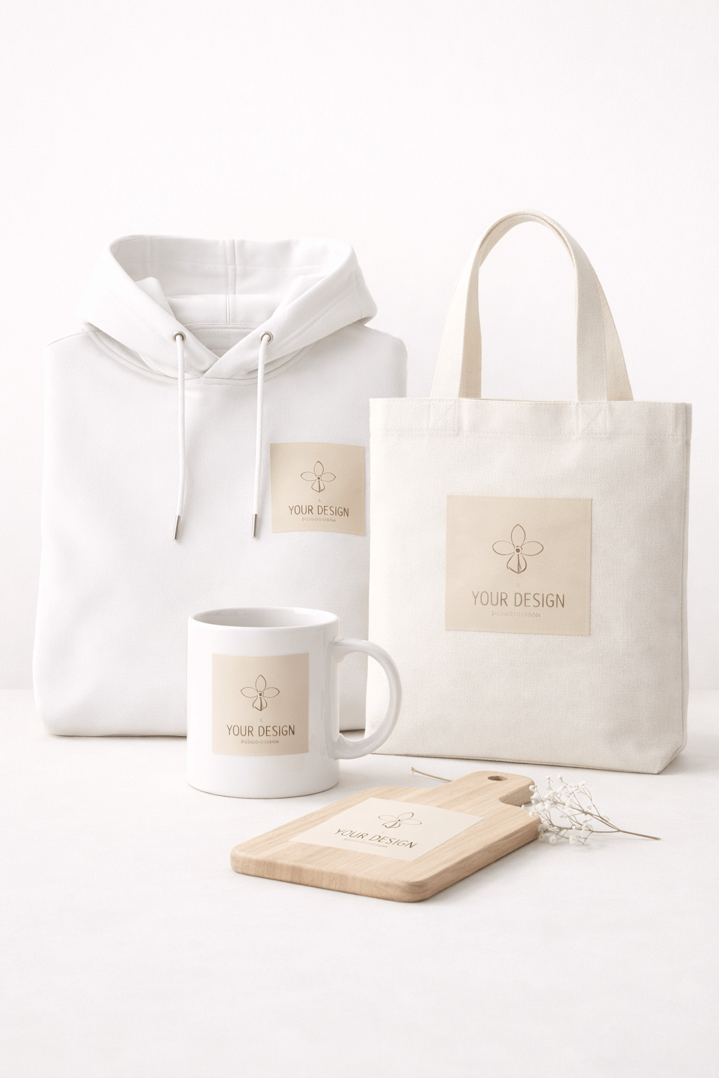 Hoodie + tote bag + mok mockup