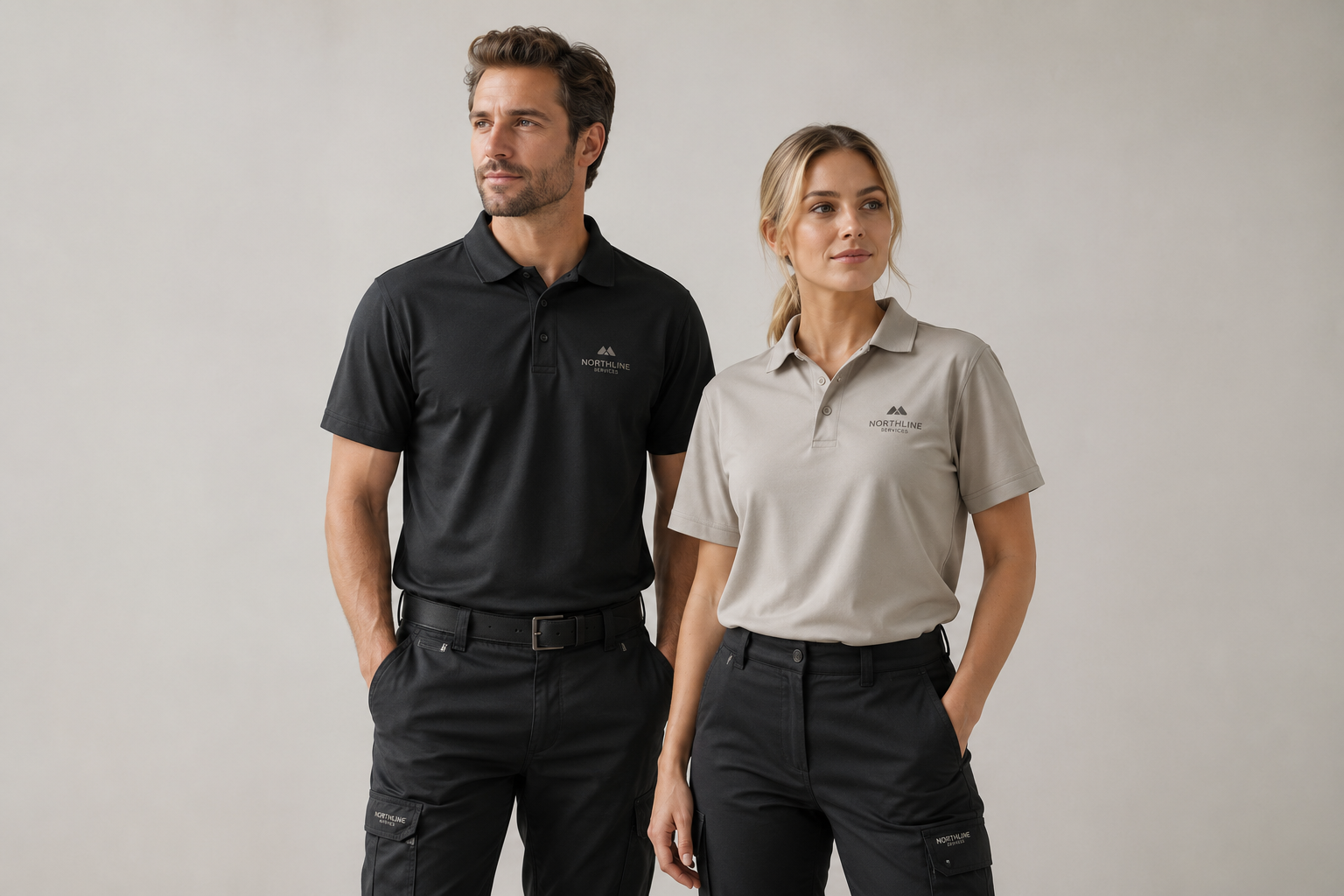 Professionele man en vrouw in moderne bedrijfskleding met geborduurde polo's en werkbroeken, gefotografeerd in een lichte studio met neutrale beige- en taupetinten. Premium werkkleding voor bedrijven, horeca, evenementen en zakelijke teams.