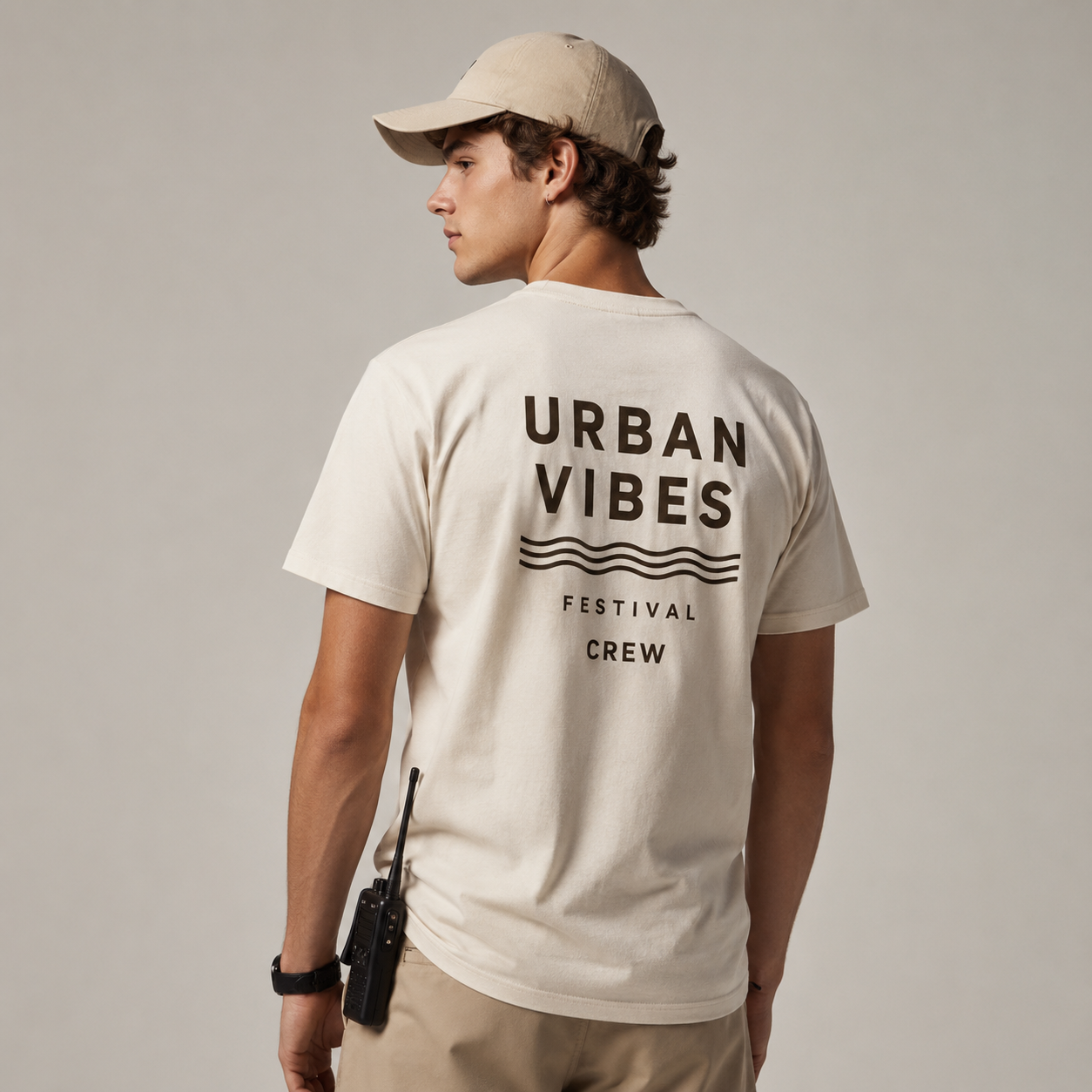 Professionele festivalmedewerker in bedrukte crew T-shirt en cap op lichte studioachtergrond, premium evenementenkleding voor festivals, events en promotieteams met hoogwaardige textieldruk en branding.