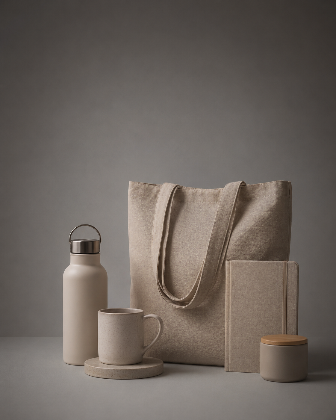 Luxe bedrukte relatiegeschenken en promotionele producten met tote bag, mok, notitieboek en drinkfles op een minimalistische beige achtergrond. Gepersonaliseerde merchandise voor bedrijven, evenementen, marketingcampagnes en merkpromotie.