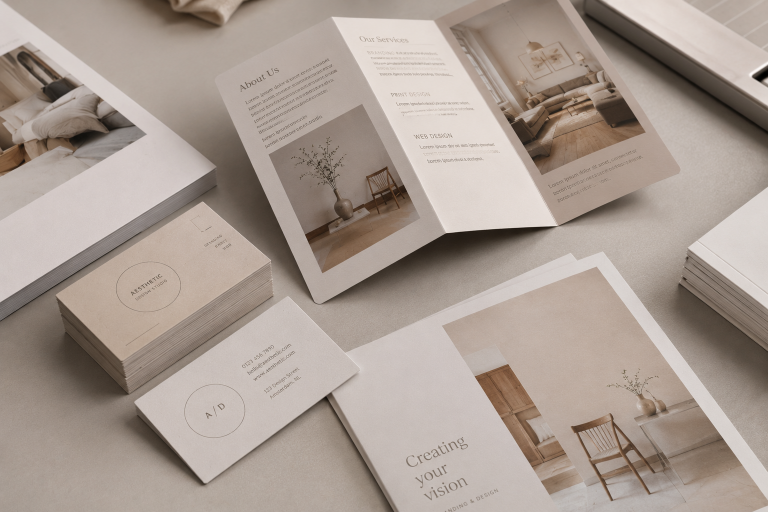 Premium drukwerk en huisstijlmaterialen met luxe visitekaartjes, brochures en folders op een lichtgrijze bureau-opstelling. Professionele branding mock-up in Scandinavische stijl voor bedrijven, ondernemers en marketingcommunicatie.