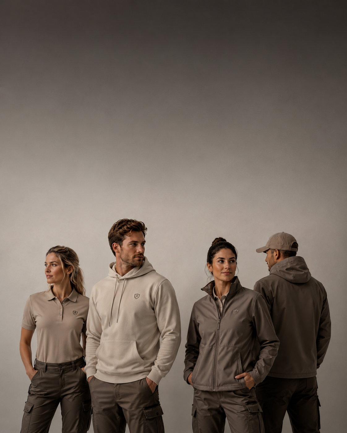 Professionele bedrijfskleding met geborduurde polo's, premium hoodies en werkjassen voor bedrijven. Zakelijke werkkleding en corporate apparel gepresenteerd door modellen in een moderne studio met luxe uitstraling en neutrale beige tinten.