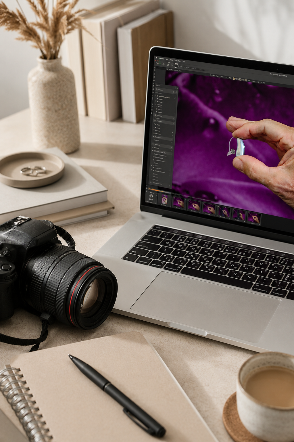 Professionele foto-editing werkplek met camera, laptop en gehoorapparaatfoto op het scherm, in een moderne Scandinavische studioomgeving voor audiologie, gehoorzorg en online hooroplossingen.