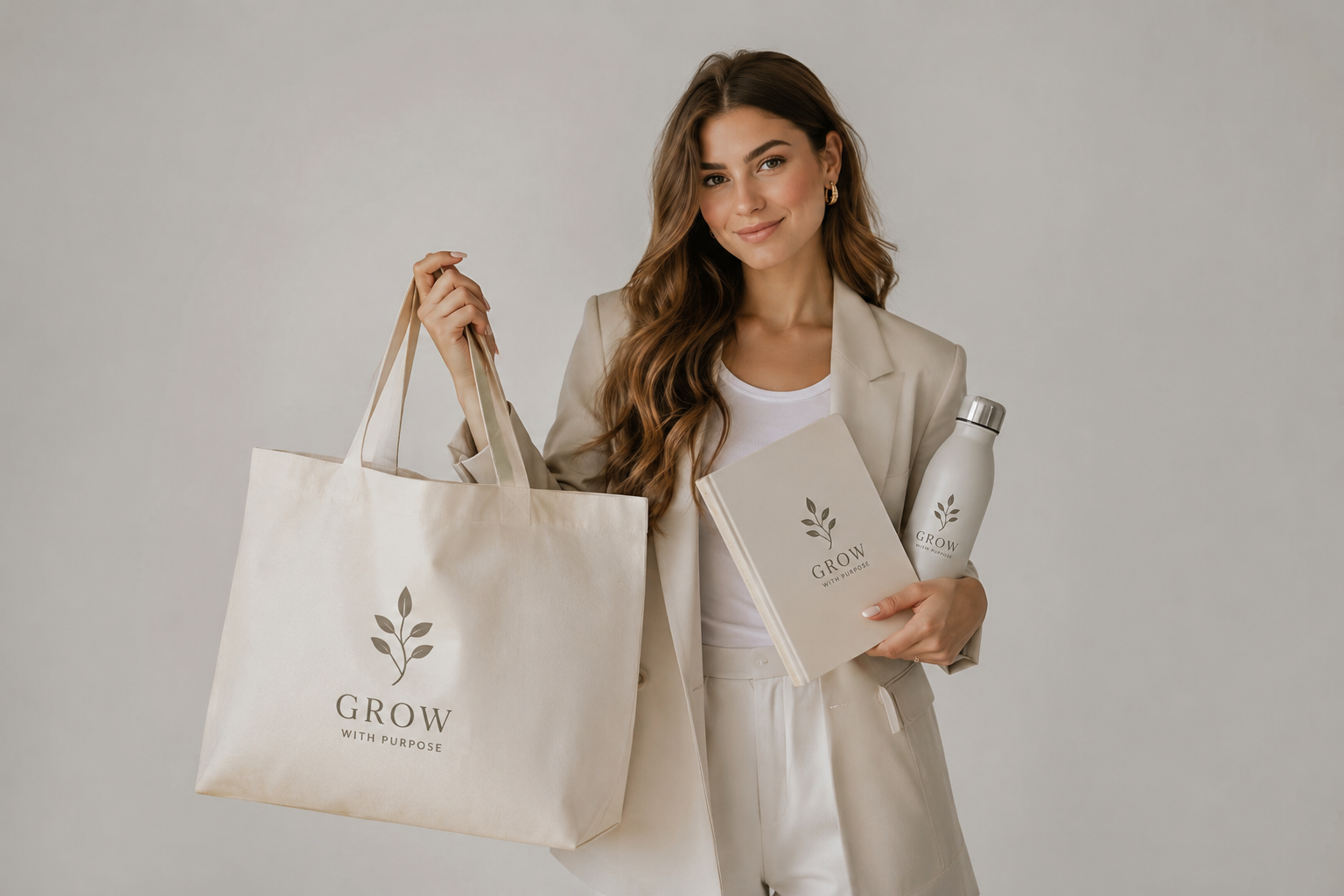 Jonge ondernemer met bedrukte katoenen draagtas, gepersonaliseerd notitieboek en promotionele merchandise in een professionele studioomgeving. Luxe branding producten met neutrale beige en crèmekleuren voor zakelijke marketing, relatiegeschenken en merkpromotie.