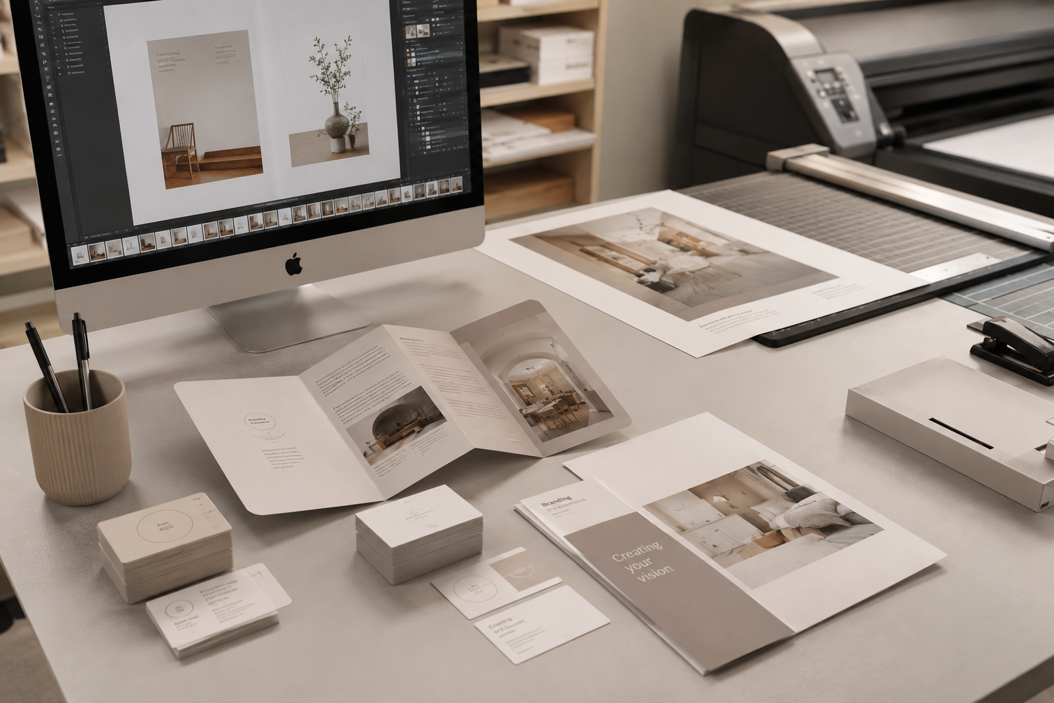 Professionele drukkerij werkplek met luxe visitekaartjes, brochures, flyers en huisstijlmaterialen op een lichtgrijs bureau. Moderne printstudio in Scandinavische stijl met premium drukwerk, branding materialen en hoogwaardige printproductie voor bedrijven en ondernemers.