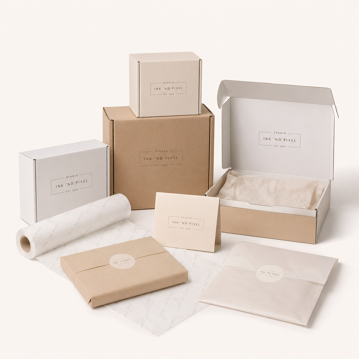 Professionele verpakkingen op maat zoals verzenddozen, mailingboxen en verpakkingsmateriaal van Studio Ink 'nd Pixel.