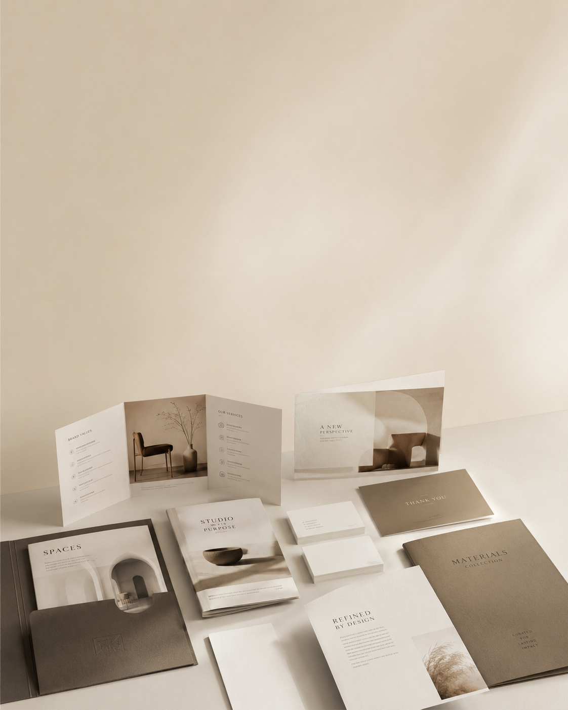 Luxe drukwerk en marketingmaterialen op een beige achtergrond met visitekaartjes, flyers, brochures, presentatiemappen en ansichtkaarten in Scandinavische stijl voor zakelijke branding en promotie.