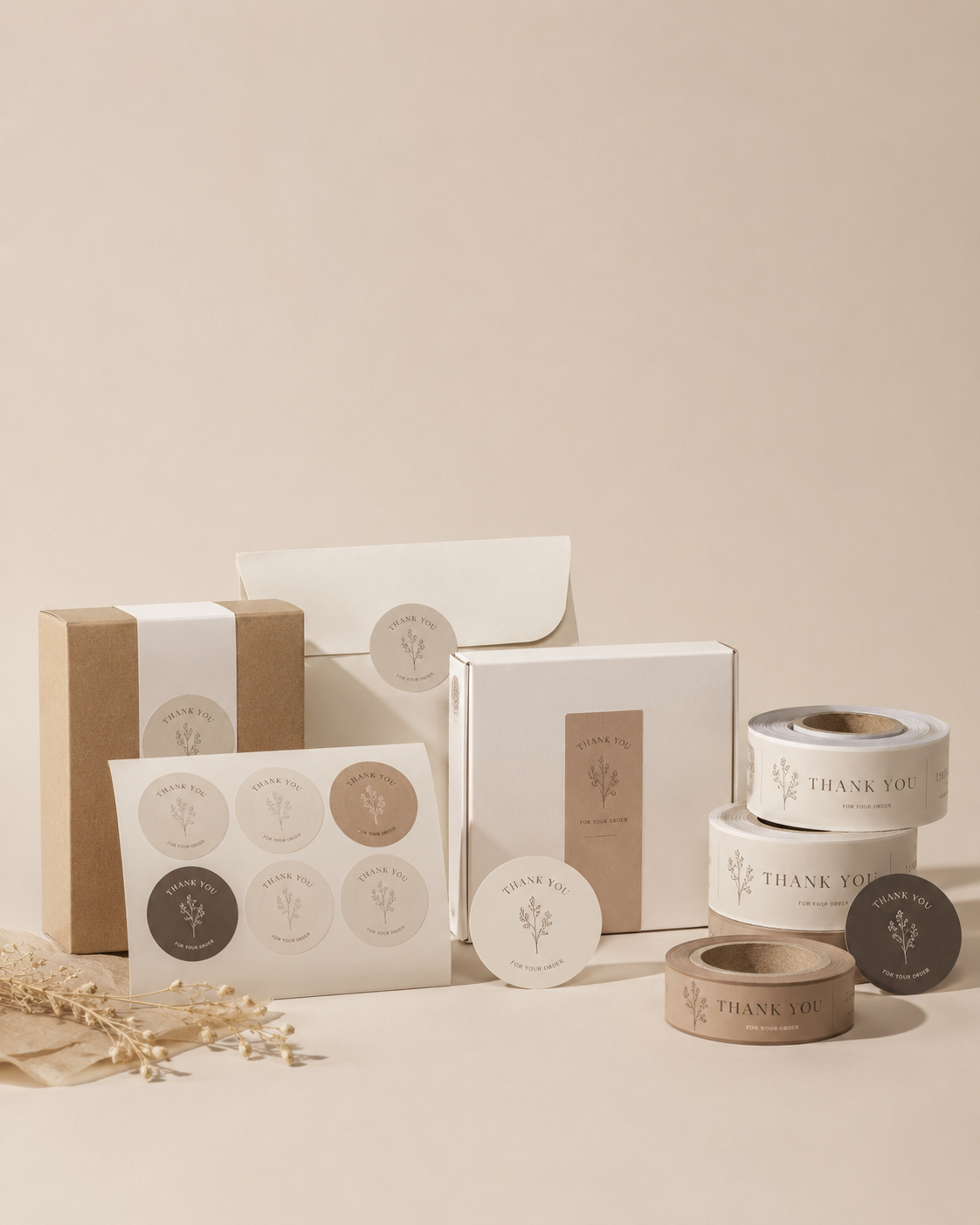 Luxe stickers en verpakkingslabels op beige achtergrond voor webshops en branding, inclusief ronde stickers, verzendlabels en verpakkingstape in Scandinavische stijl.